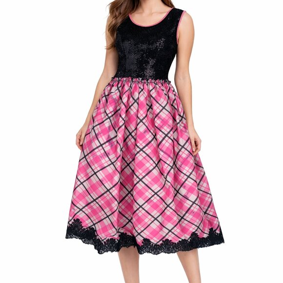 Geoffrey Beenevintage custom made plaid sequins black pink dress size 10